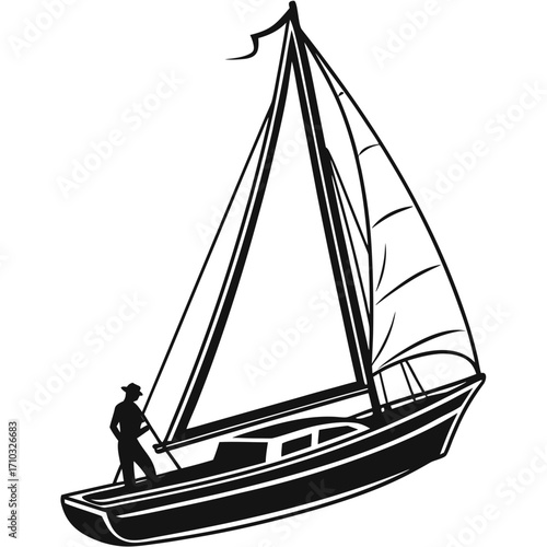 Sailboat with person at helm silhouette isolated on white background