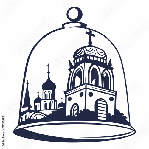 Orthodox church domes silhouette inside a bell isolated on white background