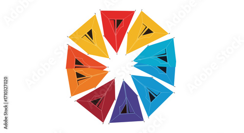 A vibrant circular abstract design with colorful triangular segments creating a kaleidoscope effect.