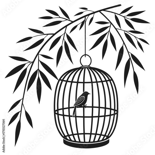 Bird in cage hanging from tree branch silhouette isolated on white background