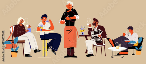 Coffee restaurant icons waiter customers sketch cartoon characters