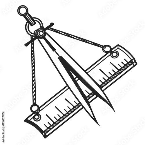 Drawing compass and ruler silhouette isolated on white background