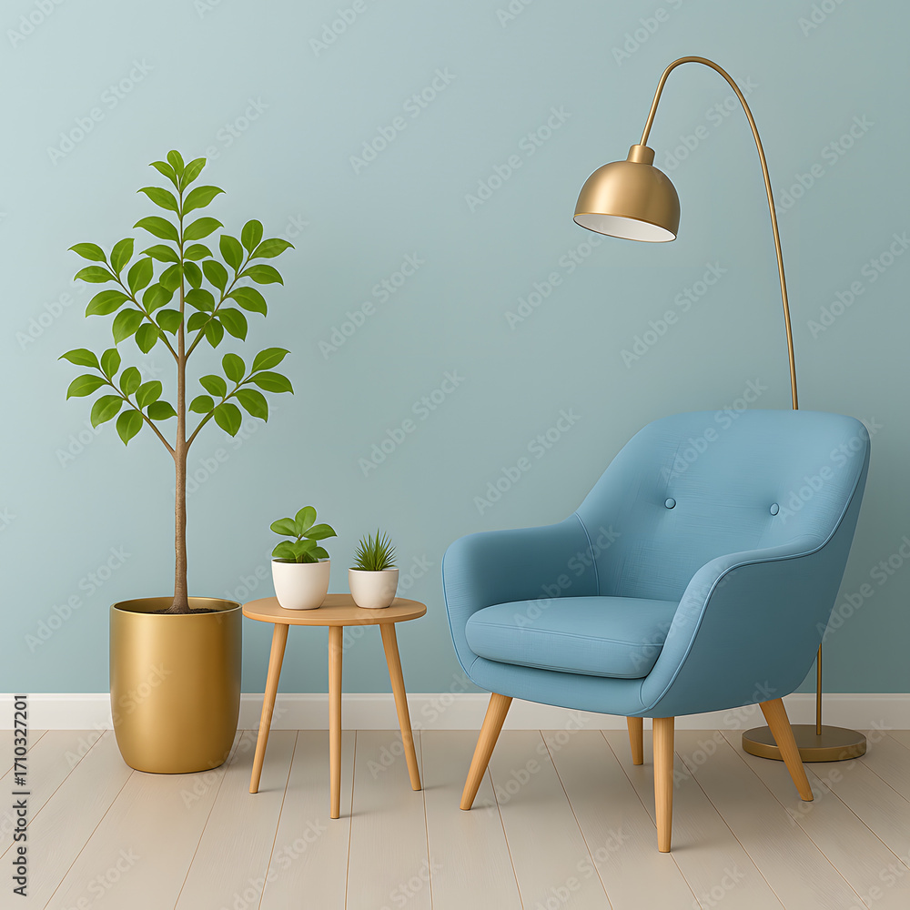 Fototapeta premium Minimalist Modern Reading Corner with Blue Armchair, Golden Floor Lamp, and Indoor Plants