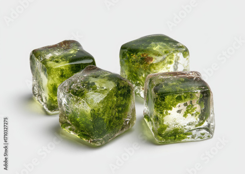 Four square ice cubes, translucent, filled with green algae
