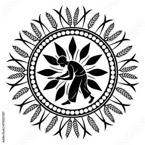 Farmer harvesting wheat mandala silhouette isolated on white background