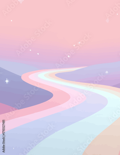 Fondo vectorial de ensueño con río arcoíris y colinas suaves