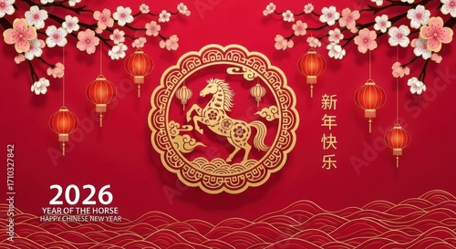 Chinese new year 2026 year of the horse celebration with lanterns and flowers