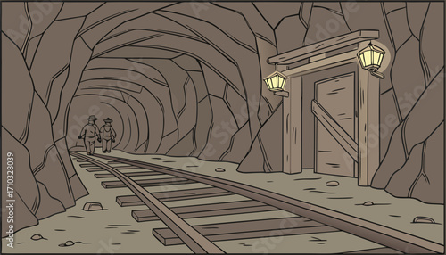 Underground Mining Tunnel with Railway Tracks
