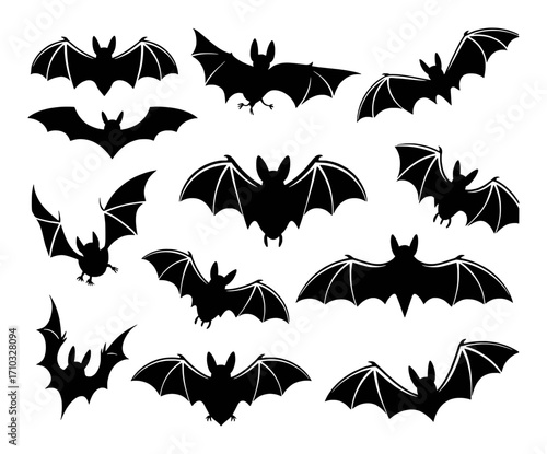 Collection of Black Bat Silhouettes in Various Flying Poses