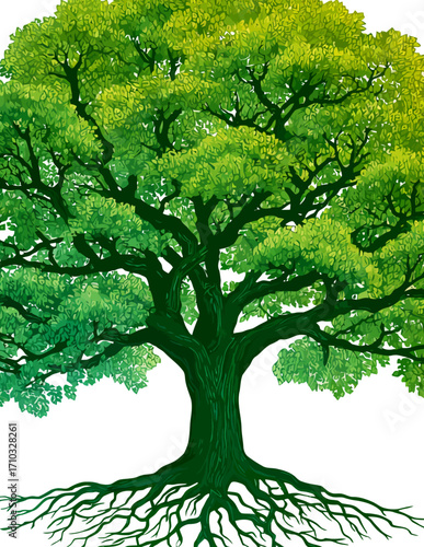 Ilustración vectorial de árbol frondoso, estilo vibrante