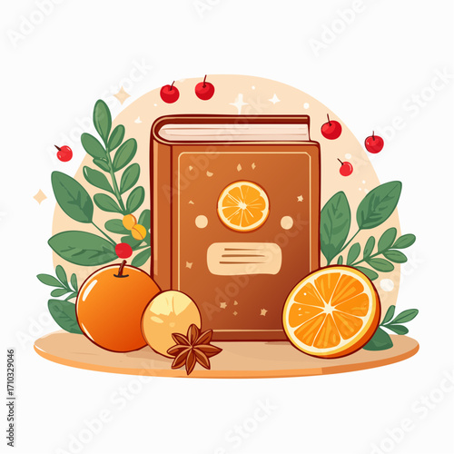 Brown Book with Citrus Fruits and Herbs Illustration