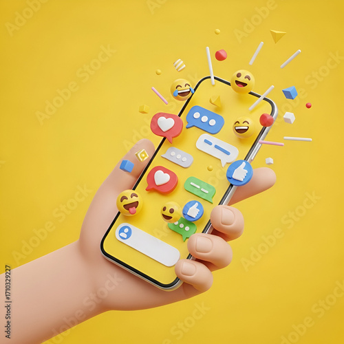 Hand holding a smartphone with social media icons and emojis floating around, against a yellow background