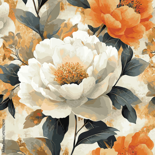 White peony wallpaper with gold and rust texture. Elegant mural with assorted blooming flowers. Abstract botanical illustration for art prints. , vector style simple color