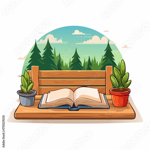 Open Book on Wooden Table with Potted Plants and Forest Background