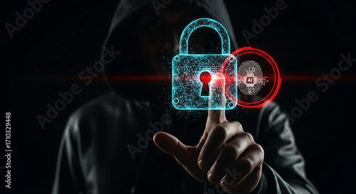 Cybersecurity threat with hooded figure interacting with digital lock and biometric authentication symbolizing AI driven security measures for data protection