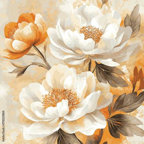 White peony wallpaper with gold and rust texture. Elegant mural with assorted blooming flowers. Abstract botanical illustration for art prints. , vector style simple color