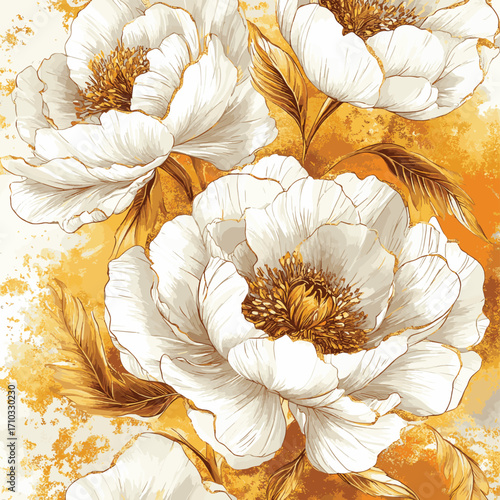 White peony wallpaper with gold and rust texture. Elegant mural with assorted blooming flowers. Abstract botanical illustration for art prints. , vector style simple color