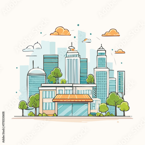 Modern Cityscape Illustration with Green Spaces