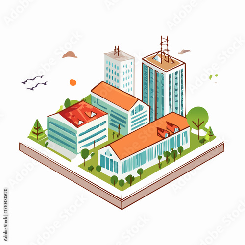 Isometric Cityscape Illustration with Modern Buildings and Green Spaces