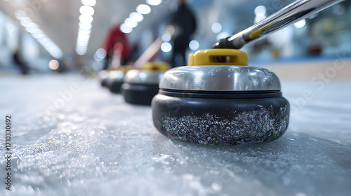 Young curling team practicing on indoor ice, focusing on teamwork in winter sports training.