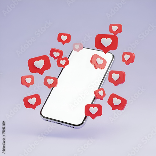 Smartphone with a blank screen surrounded by red heart like notification icons, isolated on purple background