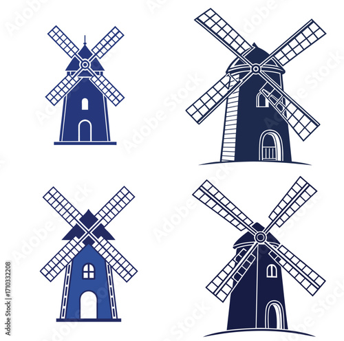 silhouette line art windmill icon set 