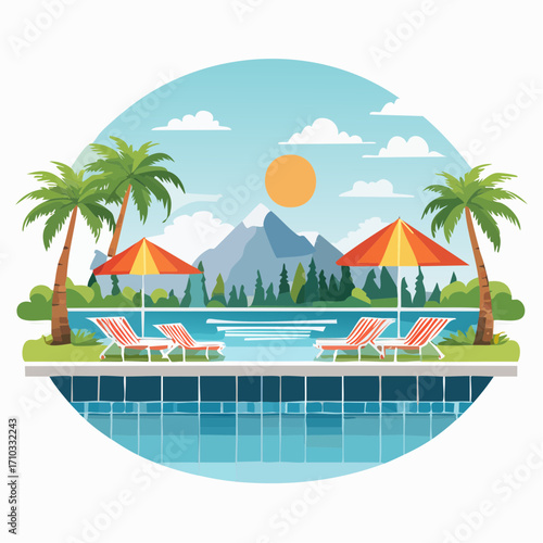 Tropical Poolside Paradise: Relaxing Poolside View with Palm Trees and Mountains