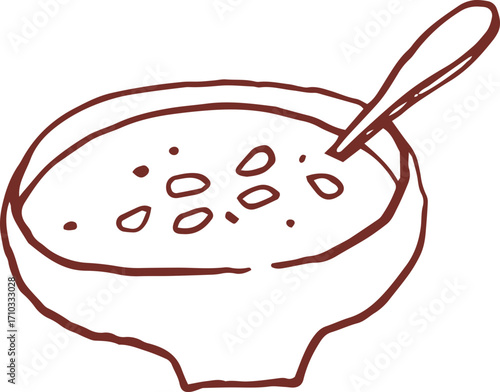 Cute hand drawn line art whimsical illustration of soup in a bowl. Outlined vector clip art
