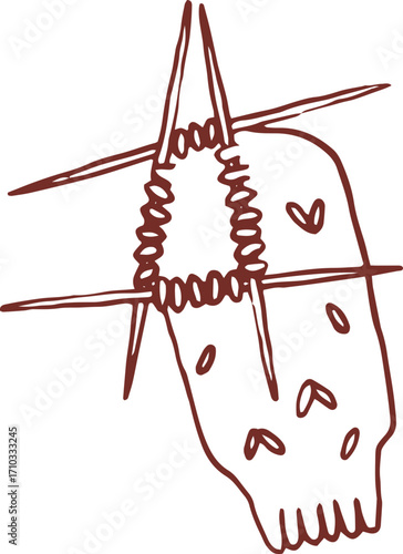 Cute hand drawn line art whimsical illustration of yarn knitting. Outlined vector clip art	