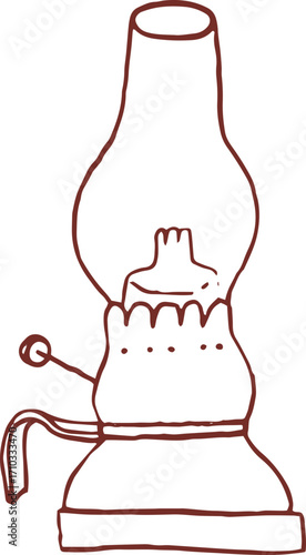 Cute hand drawn line art whimsical illustration of old vintage kerosene oil lamp. Outlined vector clip art