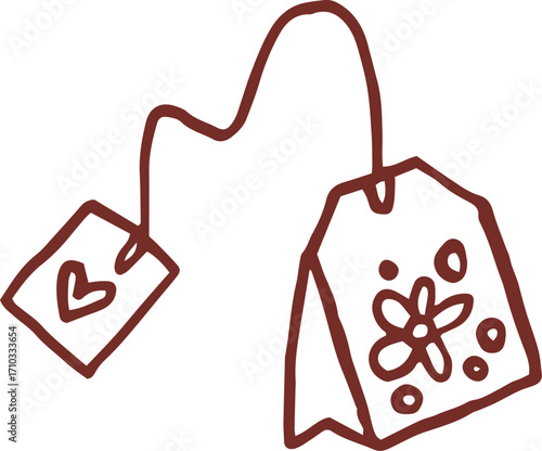 Cute hand drawn line art whimsical illustration of black tea bag. Hot drink in mug. Outlined vector clip art