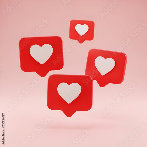 Multiple red social media heart notification icons floating on a pink background