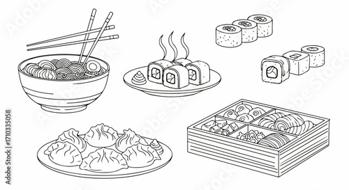 A delightful assortment of Japanese cuisine, including sushi, ramen, and dumplings, presented in a clean, minimalist line drawing style