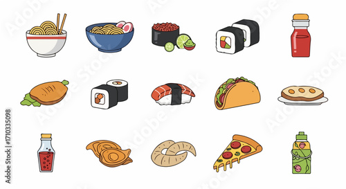 Set of colorful food icons representing global dishes. A collection of hand-drawn illustrations of popular meals from around the world
