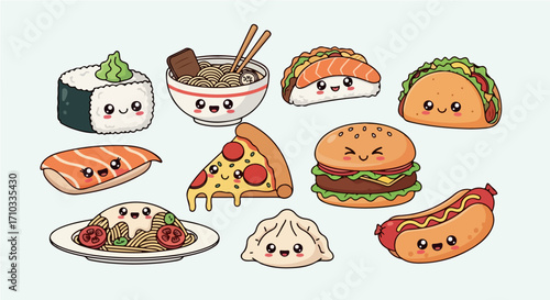 A charming collection of various cute kawaii food characters with happy faces, including pizza, sushi, and tacos, isolated on a light background