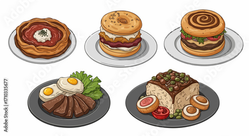 Gourmet comfort food illustrations showcasing a variety of popular dishes for breakfast, lunch, and dinner