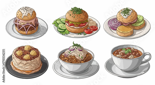 A diverse collection of illustrated comfort food dishes, including juicy burgers, savory pies, and hearty stews in a cartoon style