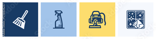 Collection of minimalist line icons representing various cleaning and sanitation tools for web and print