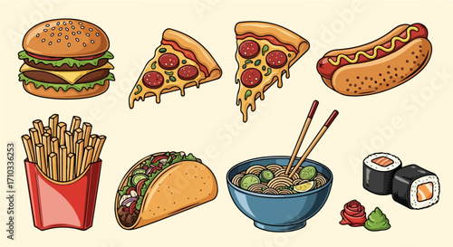 A colorful illustrated collection of popular fast food items including a burger, pizza, hot dog, fries, taco, noodles, and sushi on a plain background
