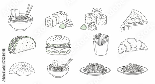 Food Line Art Collection Burger, Sushi, Noodles, and More