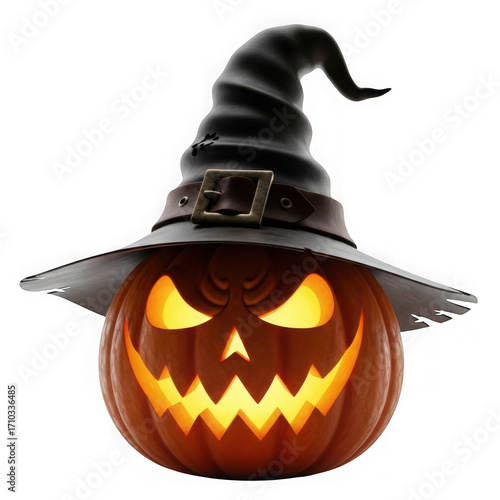 Spooky jack o lantern with witch hat glowing with an evil grin isolated on transparent background
