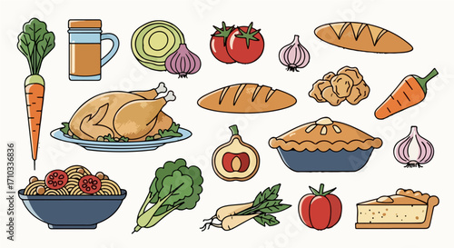 A colorful set of food illustrations depicting a traditional harvest festival dinner with roast turkey, fresh vegetables, pie, and bread