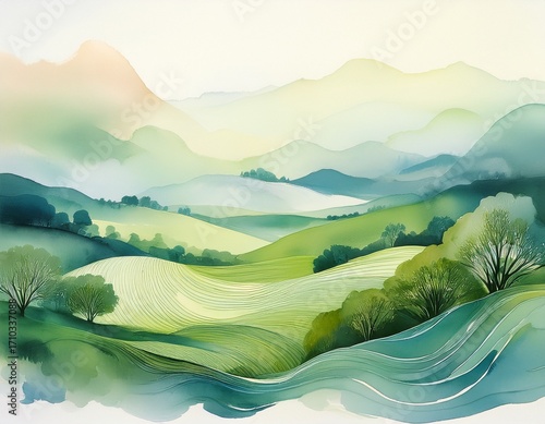abstract watercolor art with soft pastels and greens depicting natural landscapes and tranquility