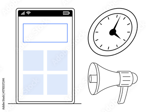 Smartphone screen design with app layout, clock, and megaphone symbolizing time management, reminders, productivity, communication, marketing, urgency and simplicity. Ideal for digital alerts