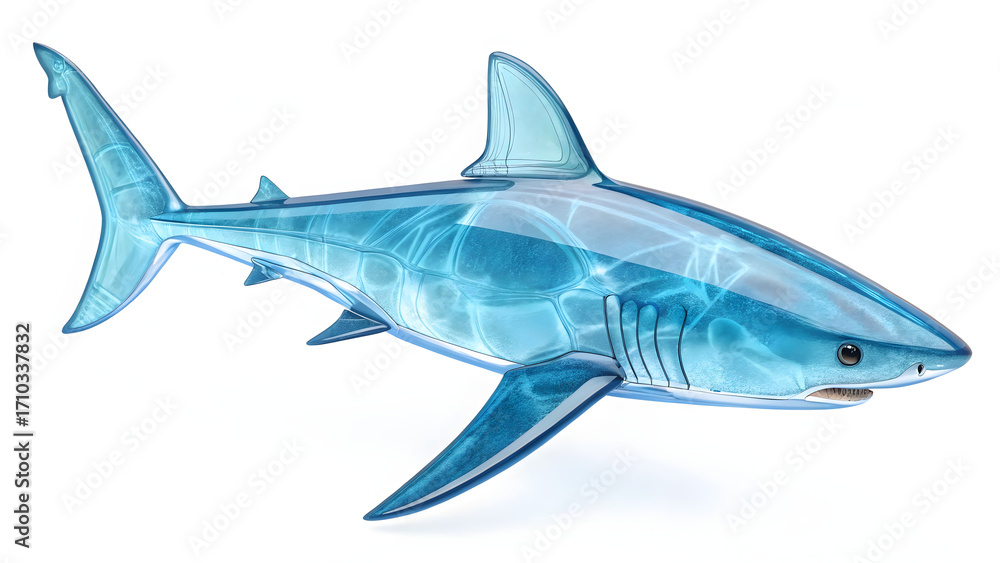 Fototapeta premium Futuristic 3D holographic glass shark illustration isolated on white background with transparent aquatic effect