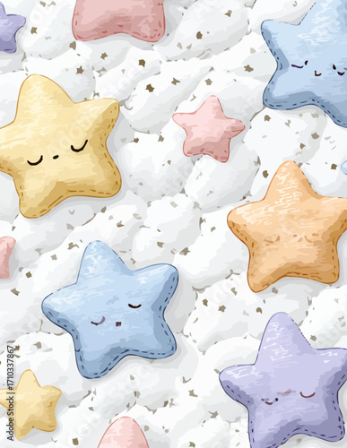 Patrón vectorial sin costuras de estrellas de dibujos animados sobre fondo de nubes