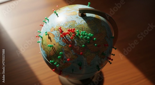 A miniature globe covered with red and green pushpins, indicating locations across Europe and Africa. The globe sits on a wooden desk with a beam of sunlight