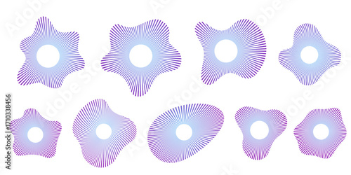 Round ripple icons set. Concentric broken line symbols representing sonar, speaker sound, radio echo, ultrasonic signal, wave vibration and sound technology in modern pictogram style.