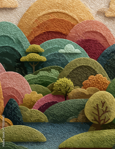 Paisaje estilizado vectorial: Colinas y árboles otoñales