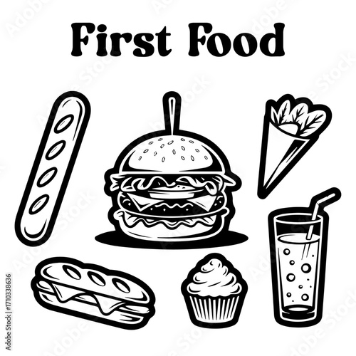 Delicious First Foods: Burgers, Sandwiches & Sweet Treats, First food vector sets.